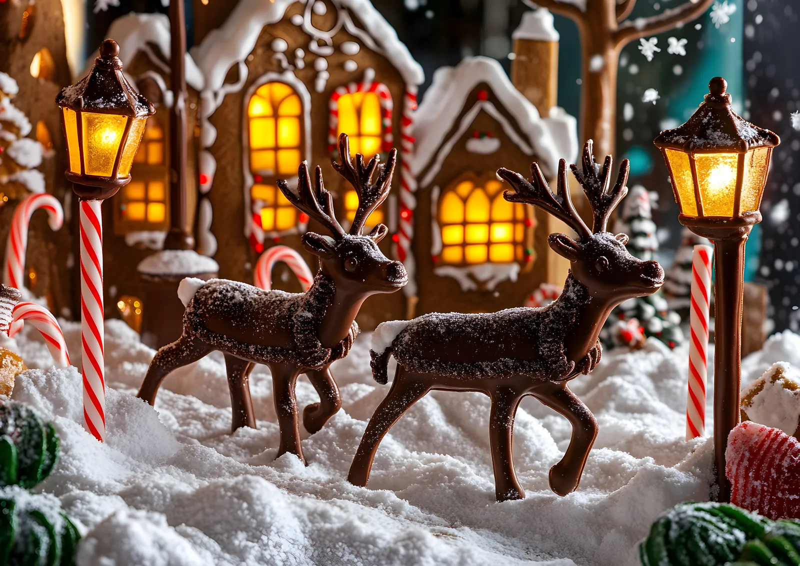 Gingerbread reindeer in snow beside a gingerbread house and candy canes